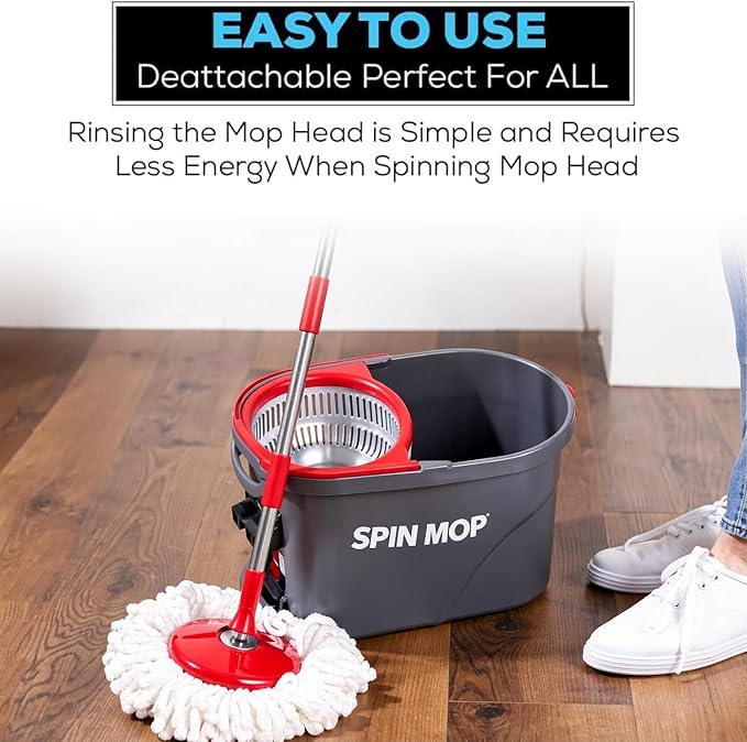 SIMPLI-MAGIC 360° Spin Mop and Bucket with Wringer – 10,000 Spin Cycles – 3 High-Absorbent Microfiber Replacement Heads – Mop and Bucket Set for All Types Floor Cleaning