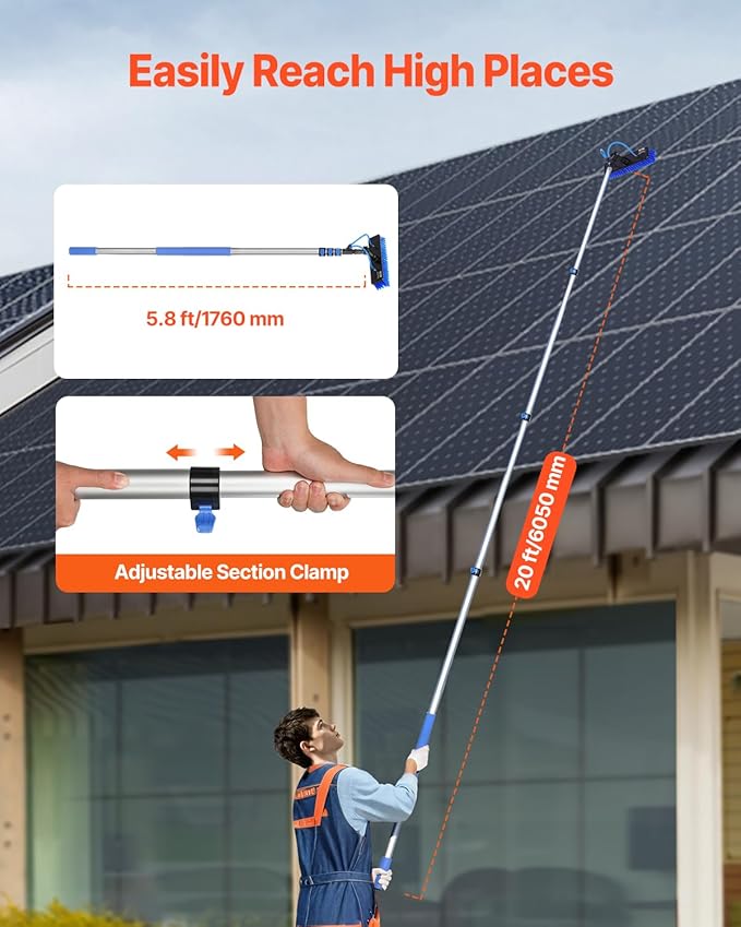 VEVOR Water Fed Pole Kit, 20FT Solar Panel Cleaning Pole with Extendable Handle, 180° Rotatable Brush Head & 65.6FT Hose, Household & Outdoor Window Cleaner Tool for Caravan Solar Panel Deck