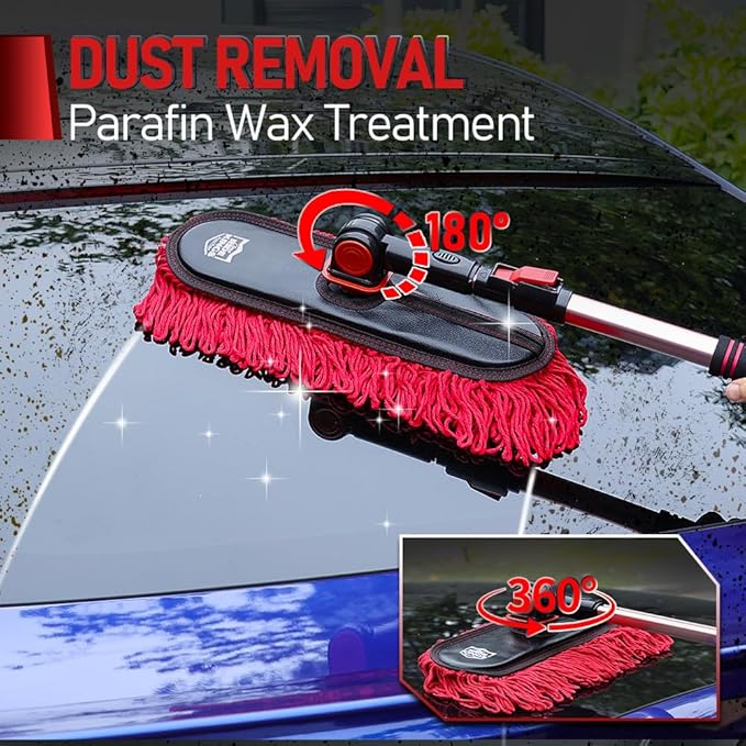 RIDE KINGS Car Duster with Telescopic Handle for Exterior Scratch-Free Cleaning, Auto Dust Remover Set with Small Brush for Dashboard & Interior Detailing
