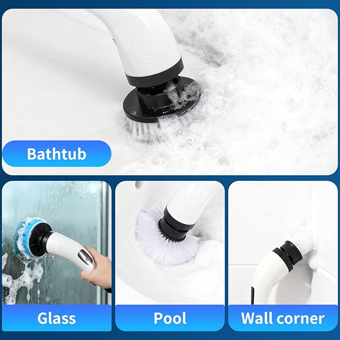 Rechargeable Electric Spin Scrubber, Waterproof Power Cleaner with 7 Brush Heads,1 Window Squeegee,2 Speeds Adjustable Long Handle for Bathroom, Floor, Shower, Tile & Kitchen Cleaning (White)