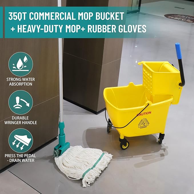 Wajeehaa Press Wringer Combo Commercial Rectangular Mop Bucket on Wheels, 35-Quart, Yellow,Add One Commercial Mop and One Set Rubber Gloves