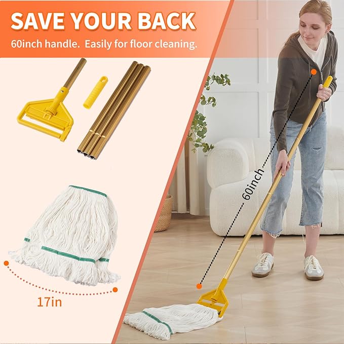Midoneat Commercial Industrial Heavy Duty Mop with Two Extra Replacement Mop Head,60" Long Handle Looped-End String Wet Cotton Mops for Floor Cleaning