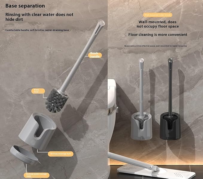 Wall-Mounted Toilet Brush Holder Set - No-Drill Adhesive & Drip-Free Tray, Space-Saving Bathroom Organizer, Deep Clean Brush with Under-Sink Storage (White)