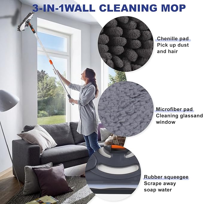 NWGOF Wall Cleaner Mop with 79 Inches Long Handle, 360° Wall Washer Cleaner Tool for Walls/Ceiling Fans/Dust/Baseboard/Floors Clean, Ceiling Cleaner Tool Duster with Squeegee 6 Replacement Pads