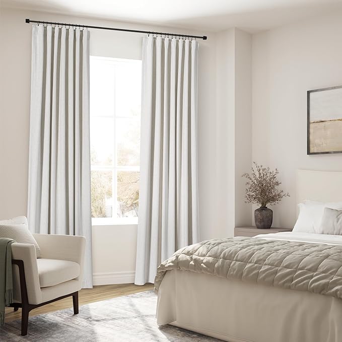 100% Blackout Linen Curtains 102 Inches Long 2 Panels for Bedroom Back Tab Pinch Pleated Black Out Curtain Neutral Cream Noise Cancelling Light Blocking Window Curtains 102 Inch Length,Ivory