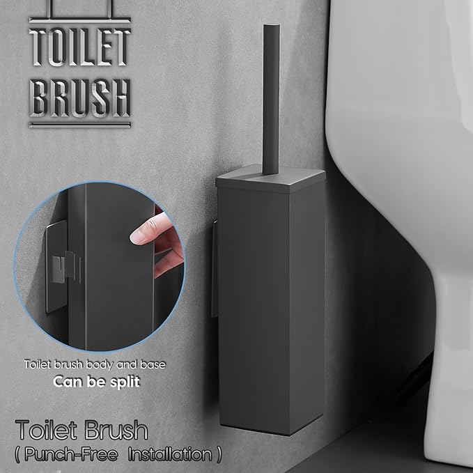 Brushed Gold Stainless Steel Toilet Brush, Square No-Punch Hook Base Toilet Brush Holder Removable Inner Bucket and Splash Proof Cover - Soft Bristles (No Drill Square Metal Cap Gray)