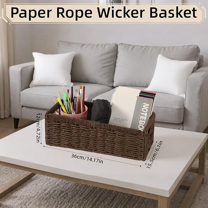 Paper Rope Wicker Baskets with Handles, 2 Pack Storage Basket, Rectangle Wicker Basket, Small Wicke Baskets for Organizing Shelves, Toilet Paper Storage Basket for Bathroom, Brown