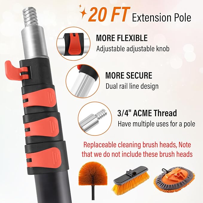 26FT High Window Cleaning Kit with Pole,2 in 1 Window Squeegee for Window Cleaning,5-20FT Professional Window Clean Pole Kit Include Replacement,180°Rotatable Squeegee for Indoor/Outdoor High Windows