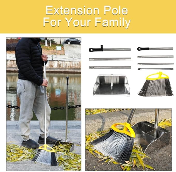 GLOHOO Broom and Dustpan Set, Outdoor Heavy Duty Broom with Stainless Steel Dustpan,Stiff Bristles Broom and Metal Dust Pan for Home