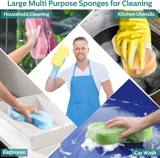 Dandat 20 Pcs Large Car Wash Sponge Multi Purpose Cleaning Scrubber Non Scratch Thick Dish Household Cleaning Sponge Foam Washing Pad Handy Scrubber for Car, Mix Colors