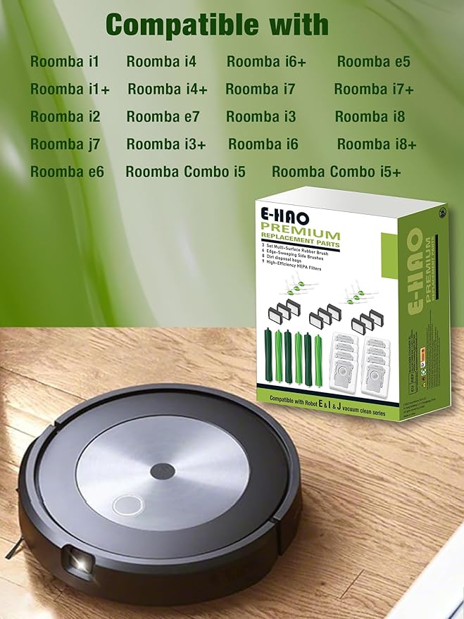 E-HAO Replacement Accessories Part for iRobot Roomba i1+, i2+, i3+, i4+, i5+, i6+, i7+, i8+, j5+, j6+, j7+, j8+, j9+, E5, E6, E7. Kit with 8 Dust Bags, 6 Rubber Rollers, 9 HEPA Filters, 6 Side Brushes