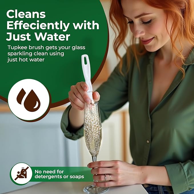Tupkee Wine Glass Cleaning Brush – Soft Non-Scratch Foam Bristles, Dishwasher Safe – Flute and Stemware Wine Glass Cleaner Brush for Crystal, Champagne Glasses, Bottle, Mug & Tumbler – Made in the USA