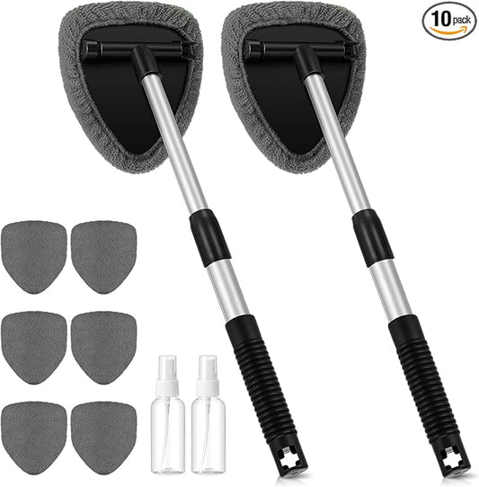Baderke 10 Pcs Windshield Cleaner Tool Car Window Cleaning Supplies with Extendable Handle Include 6 Washable Microfiber Bonnets 2 Empty 60ml Spray Bottle Glass Wiper Kit (Gray)