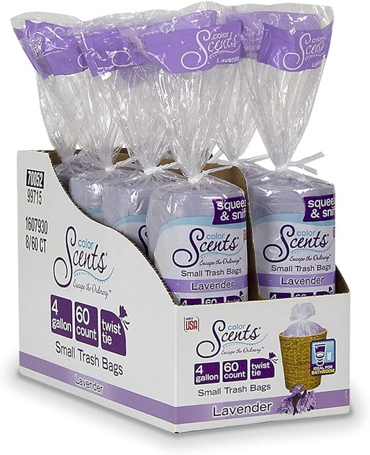 Color Scents Small Trash Bags - 4 Gallon, 480 Total Bags (8 Packs of 60 Count), Twist Tie - Lavender Bag in Lavender Scent