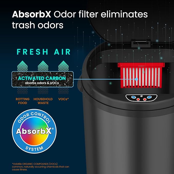 iTouchless 50 Liter / 13 Gallon Sensor Kitchen Trash Can with Odor Filter – Slim Round Black Stainless Steel Automatic Garbage Recycling Bin for Home, Office, Business, Garage