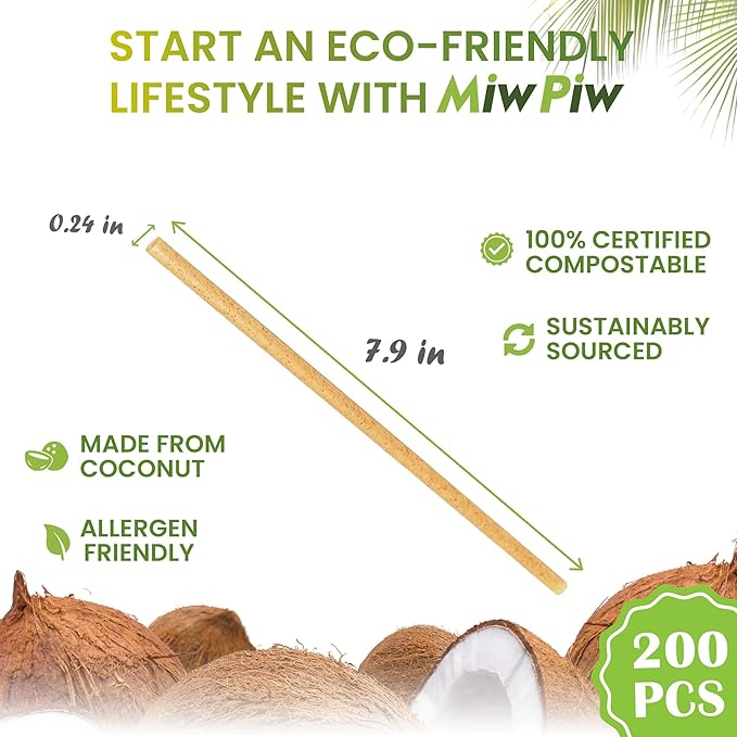 Biodegradable Coconut Straws - 200 Pieces Disposable, Plastic Free, Ecofriendly Coco Fiber Drinking Straws Bulk for Cold and Hot Beverages, Cocktail and Restaurant