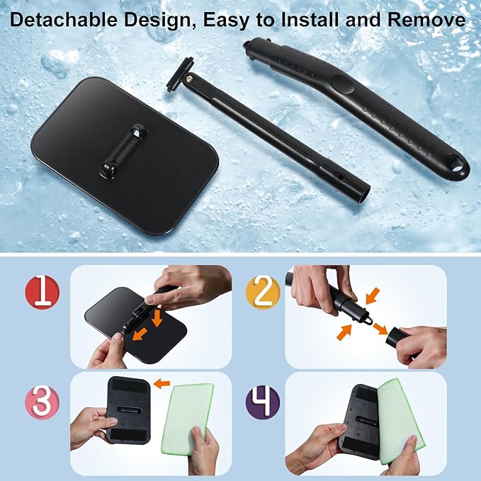 Windshield Cleaning Tool, Windshield Cleaning Wand Car Window Cleaner with 4 Washable Reusable Microfiber Pads, Detachable Long Handle Glass Wiper Cleaning Kit for Auto Glass, Trucks, SUVs, RVs, Home