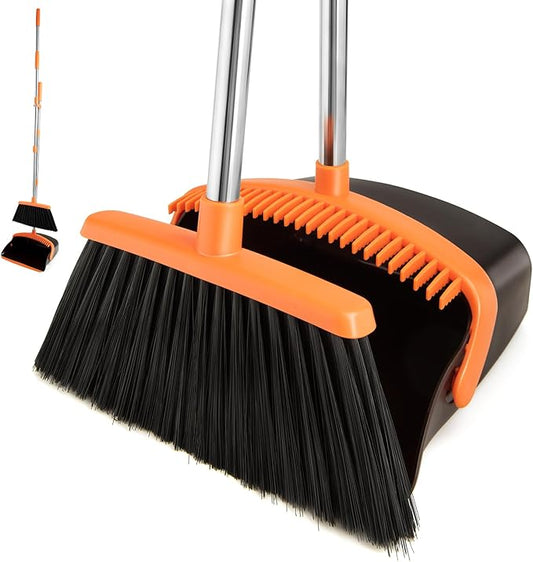 XXFLOWER Broom and Dustpan Set,Dustpans with Broom Combo for Home,Heavy Dust Broom and Dustpan Combo,Long Handle Dust Pan and Broom Set for Kitchen Office,Pet Hair(Brown Orange)