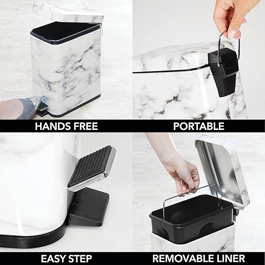 mDesign Small Modern 1.3 Gallon Rectangle Metal Lidded Step Trash Can, Compact Garbage Bin with Removable Liner Bucket and Handle for Bathroom, Kitchen, Craft Room, Office, Garage - White Marble