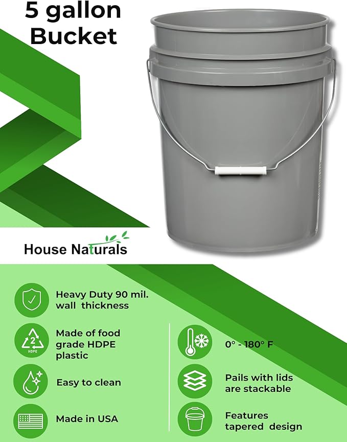 House Naturals 5 Gallon Food Grade BPA Free Made in USA Pails Gray Bucket with Screw On Air Tight Lid (2, Gray with Green lids)