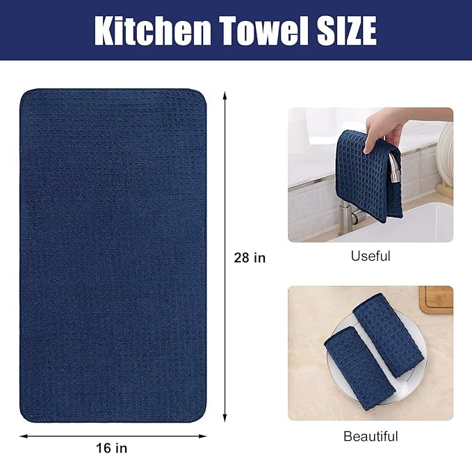 Homaxy Microfiber Waffle Weave Kitchen Towels, 16 x 28 Inch Ultra Absorbent and Solid Color Dish Towels, 4 Pack, Navy Blue