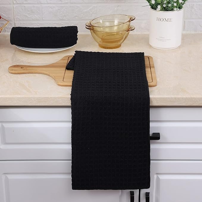 Homaxy Microfiber Waffle Weave Kitchen Towels, 16 x 28 Inch Ultra Absorbent and Solid Color Dish Towels, 4 Pack, Black
