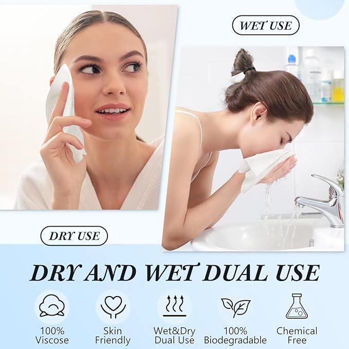 12 Pack/600 Counts XL Disposable Face Towels Bulk 10"x12" Soft & Thick Pure Cotton Facial Cleansing Cloths Towelette for Makeup Removing, Sensitive Skin Care, Dry Wipe Using