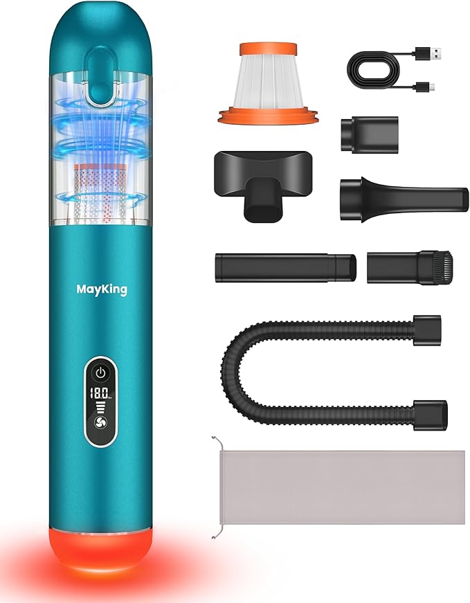 Mayking 5-in-1 Car Vacuum Portable Cordless, Handheld Vacuum with White LED & Red Flash, 115W 18000Pa High Power, 3 Suction Modes, Mini Vacuum Cleaner with LED Display for Car Home Keyboards