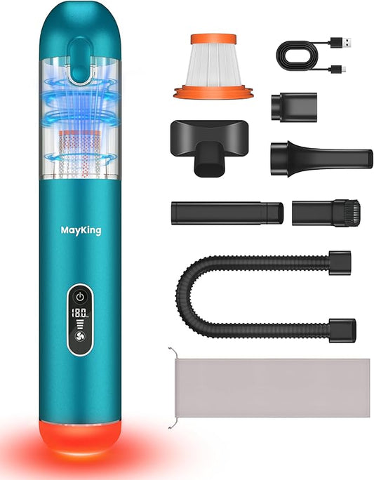 Mayking 5-in-1 Car Vacuum Portable Cordless, Handheld Vacuum with White LED & Red Flash, 115W 18000Pa High Power, 3 Suction Modes, Mini Vacuum Cleaner with LED Display for Car Home Keyboards