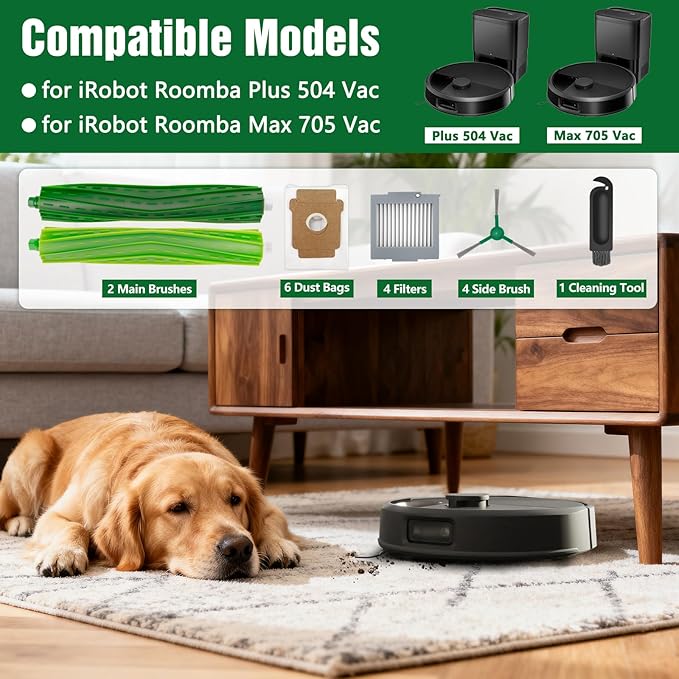 17 Pack Replacement Parts for iRobot roomba Max 705 Vac & Plus 504 Vac Vacuum Cleaner, Accessories Parts with 6 Dust Bags, 4 Filters, 4 Side Brush, 2 Main Brushes,1 Cleaning Tool (Not for Combo)