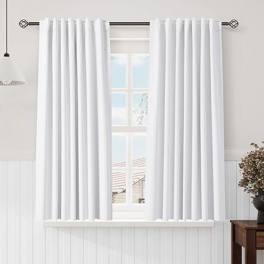 Nanspring White 100% Blackout Curtains, 63 inches Long Back Tab Rod Pocket Thermal Insulated Textured Short Blackout Curtains 2 Panels Set 52x63 Pure White