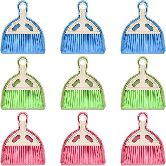 9 Pcs Small Dustpan and Brush Set Mini Broom and Dustpan Set with Handle Nesting Portable Cleaning Tools for Home Office Car Keyboard Countertop and Pet Nest (Blue Red Green)