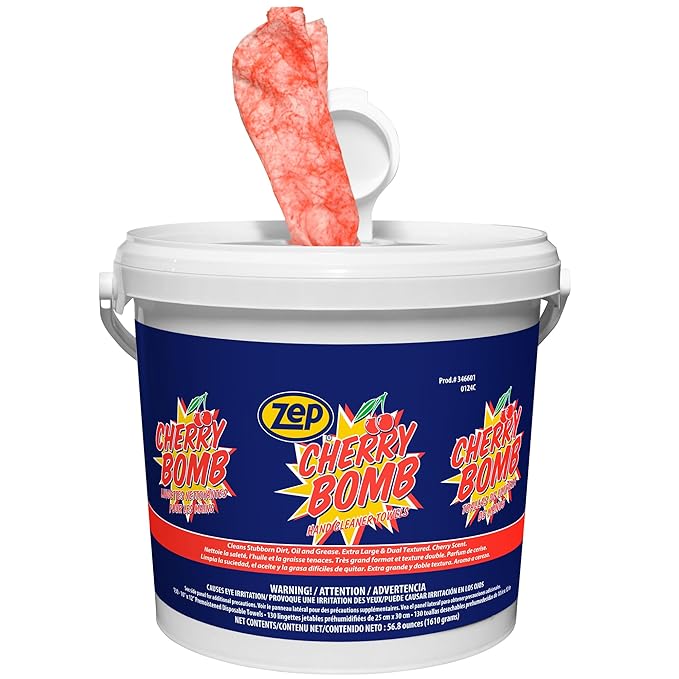 Zep Cherry Bomb Hand Cleaner Towels - 130 Towels Per Bucket (Case Of 4) 346601 Removes Stubborn Industrial Soils Such As Grease, Tar, Ink, Paints and More