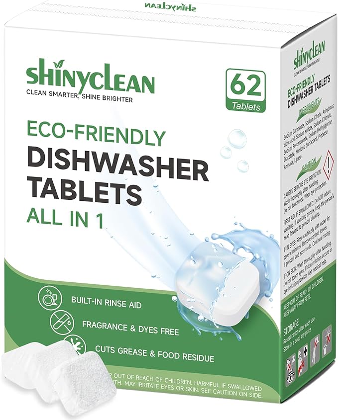 Dishwasher Detergent Tablets with Built-in Rinse Aid | All-in-1 Plant-Based Pods | Fragrance & Dye Free | Natural & Phosphate-Free | Biodegradable & No Unwrapping Needed | 62 Count