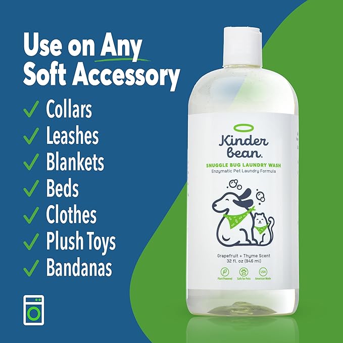 Kinderbean Dog and Cat Laundry Wash, 32 oz. Enzyme Formula Pet Laundry Detergent Removes Pet Odors, Cleans Stains from Cat Urine or Dog Urine, Safe Laundry Odor Eliminator for Bedding, Collars, Toys