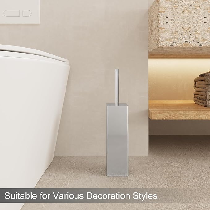 Kelirol Chrome Square Stainless Steel Toilet Brush with Holder, 304 Modern Toilet Brush Set – Rust Resistant, Long Handle, Replacement Heads, Floor Standing Bathroom Toilet Cleaning Brush
