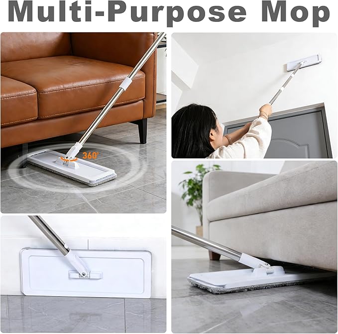 Yotock Mop and Bucket Set, 50" Flat Mop and Bucket System for Floor Cleaning, Separate Dirty and Clean Water, 4 Microfiber Pads Included, Wet and Dry Use, for Cleaning All Floor Types and Windows