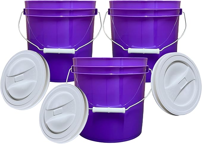 House Naturals 2 Gallon Purple Food Grade BPA Free Made in USA Bucket with Screw On Lid - Pack of 3 (White lids)