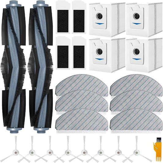 Replacement Part for Ecovacs Deebot T10 Plus Vacuum Cleaner, 2 Main Brushes, 4 Filters, 6 Mop Pads, 5 Dust Bags, 8 Side Brushes, T10 Plus Accessories Kit 25 Pcs Attachment