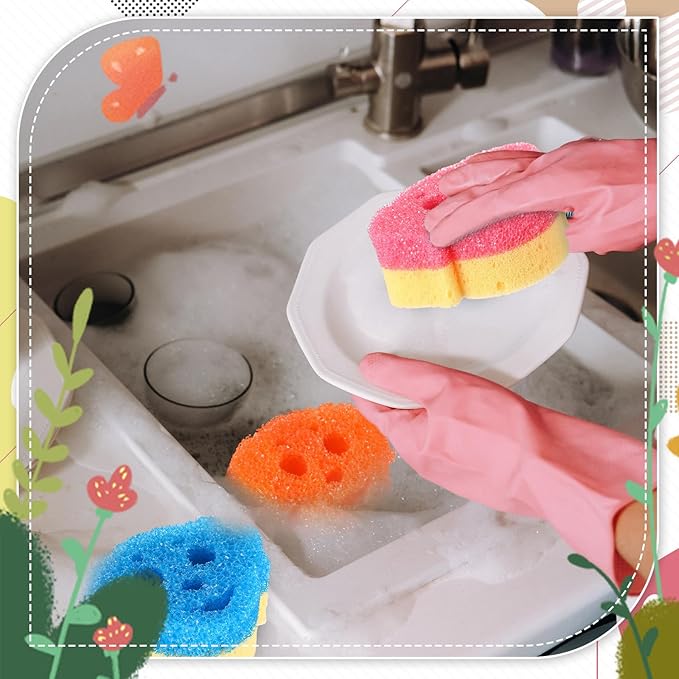 3 Pcs Dual Sided Scrub Sponge Multi Functional Cute Temperature Sensitive Non Scratch Dish Sponge for Washing Dishes Kitchen Bathroom(Dog)
