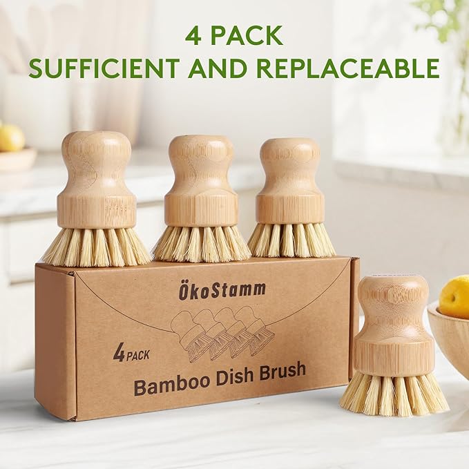 ÖkoStamm 4 Pack Bamboo Dish Brush, Dish Scrubber Brush with Sisal Bristle, Natural Scrub Brush for Kitchen Cleaning Dishes, Pots, Pans, Bottles, Vegetables