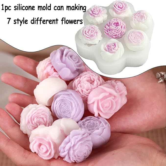 Flower Silicone Candle Molds 7 Holes Peony Rose Valentine's Day Mold for Soap Resin Handmade Cake Dessert Decoration Chocolate Cupcake Candy Ice Mold Resin Concrete Art Crafts Accessories