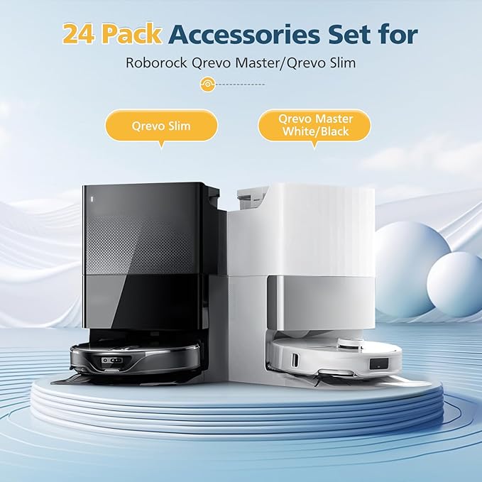 24 Pack Accessories Kit for Roborock Qrevo Master/Qrevo Slim Robot Vacuum, Replacement Parts with Dual Main Brush, 6*Side Brushes, 4*Filters, 4*Microfiber Mop Cloths, 6*Dust Bags, 2*Tools