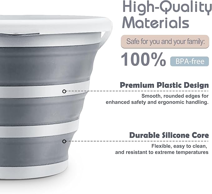2-Pack Collapsible Bucket 2.6 Gal/10L, BPA-Free - Space-Saving, Portable Foldable Water Pail for Versatile Use, Home, Outdoors, Car Wash, Camping, Fishing - Grey