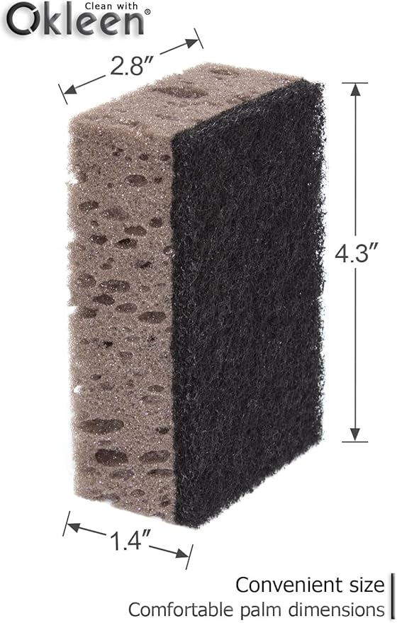 Okleen Taupe Multi Use Scrub Sponges. Made in Europe. 9 Pack, 4.3x2.8x1.4 inches. Best Odorless Durable Brown Heavy Duty Scrubber for Kitchen and Household Cleaning