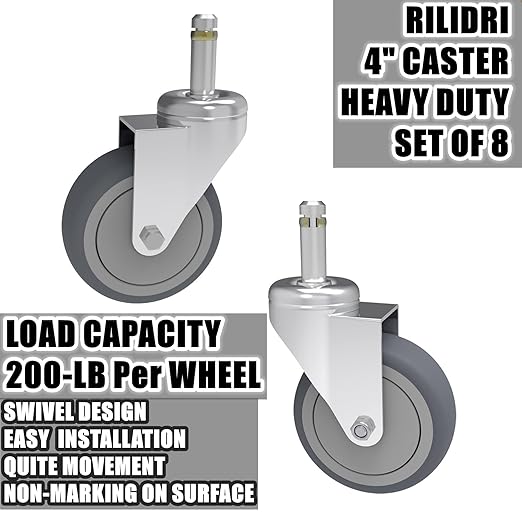 4-Inch Swivel Stem Caster, 7/16-Inch Stem Diameter Rubber Wheel, Heavy Duty TPR Replacement Wheels for Rubbermaid Mop Bucket Cart Grill Casters - 8 Pack