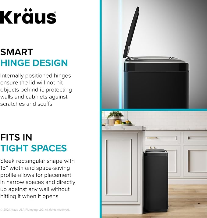 Kraus GarbagePro Rectangular 13 Gallon Hands-Free Motion Sensor Trash Can Battery Operated in Matte Black Finish with SoftShut Touchless Lid, KTCS-10MB