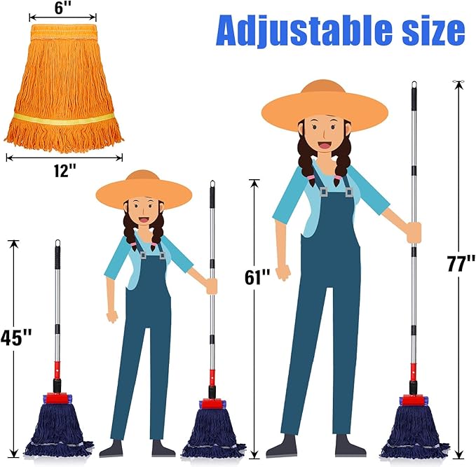 Heavy Duty Commercial Mop with 77inch Long Handle, Looped-End String Wet Mop with 12 Mop Heads for Home, Garage, Office Floor Cleaning (Blue-Orange)