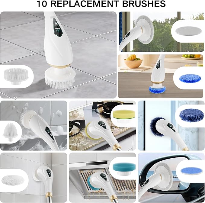 Hofenta Electric Spin Scrubber Cordless Shower Cleaning Brush with 10 Replaceable Brush Heads, Extendable Handle Up to 59", 2 Speed, Waterproof, 2H Cleaning Time for Bathroom Shower Tile Glass Car
