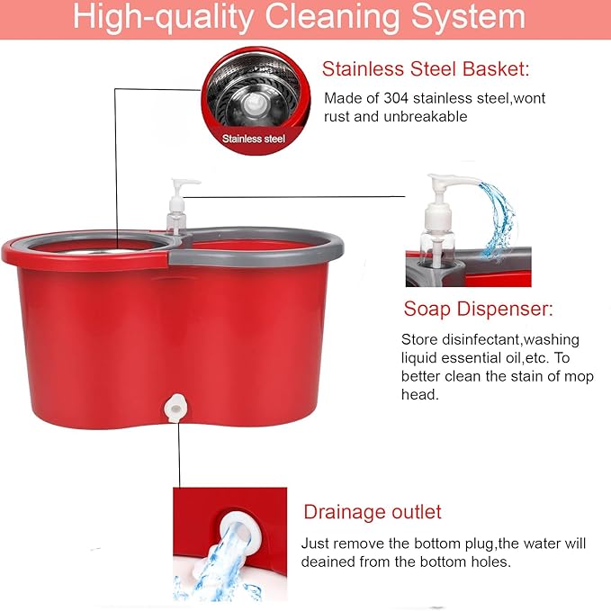 Spin Mop and Bucket with Wringer Set, 360° Spinning Mop Bucket System with 3 Microfiber Mop Replacement Heads Refills,56" Stainless Steel Extended Handle for Floor Cleaning Home(20QT) (Green) (Red)